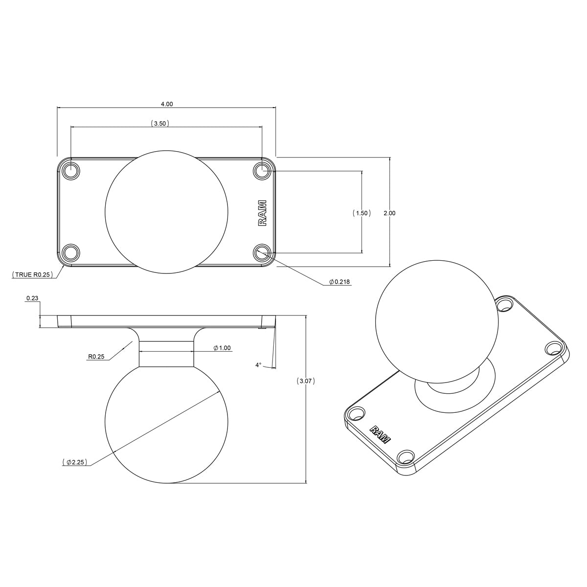 RAM® Ball Base with 1.5" x 3.5" 4-Hole Pattern - D Size