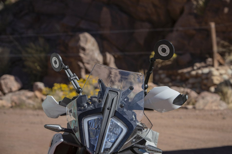 Doubletake Dual Sport mirrors with Doubletake arms on adventure bike from front