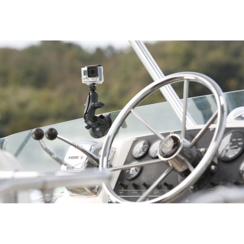 RAM-B-166-GOP1U RAM® Twist-Lock™ Suction Cup Mount with Action Camera Adapter - Medium Arm - installed