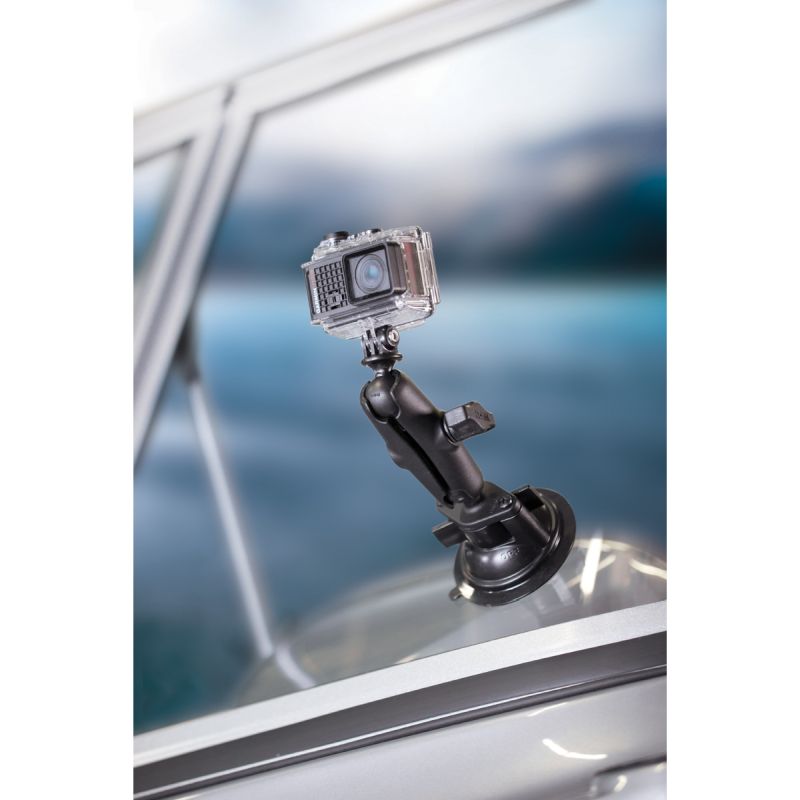 RAM-B-166-GOP1U RAM® Twist-Lock™ Suction Cup Mount with Action Camera Adapter - Medium Arm on boat windshield