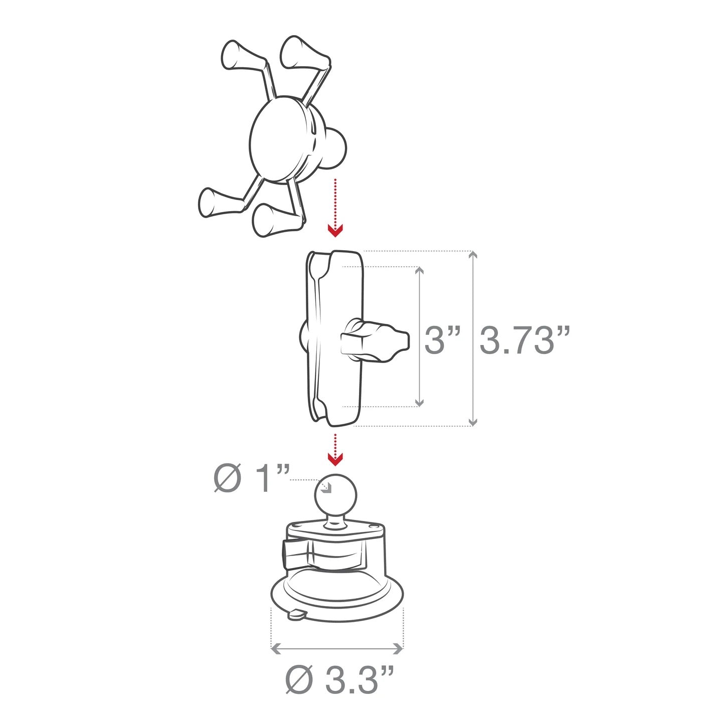 RAM-B-166-UN7U X-Grip with suction cup base overall dimensions