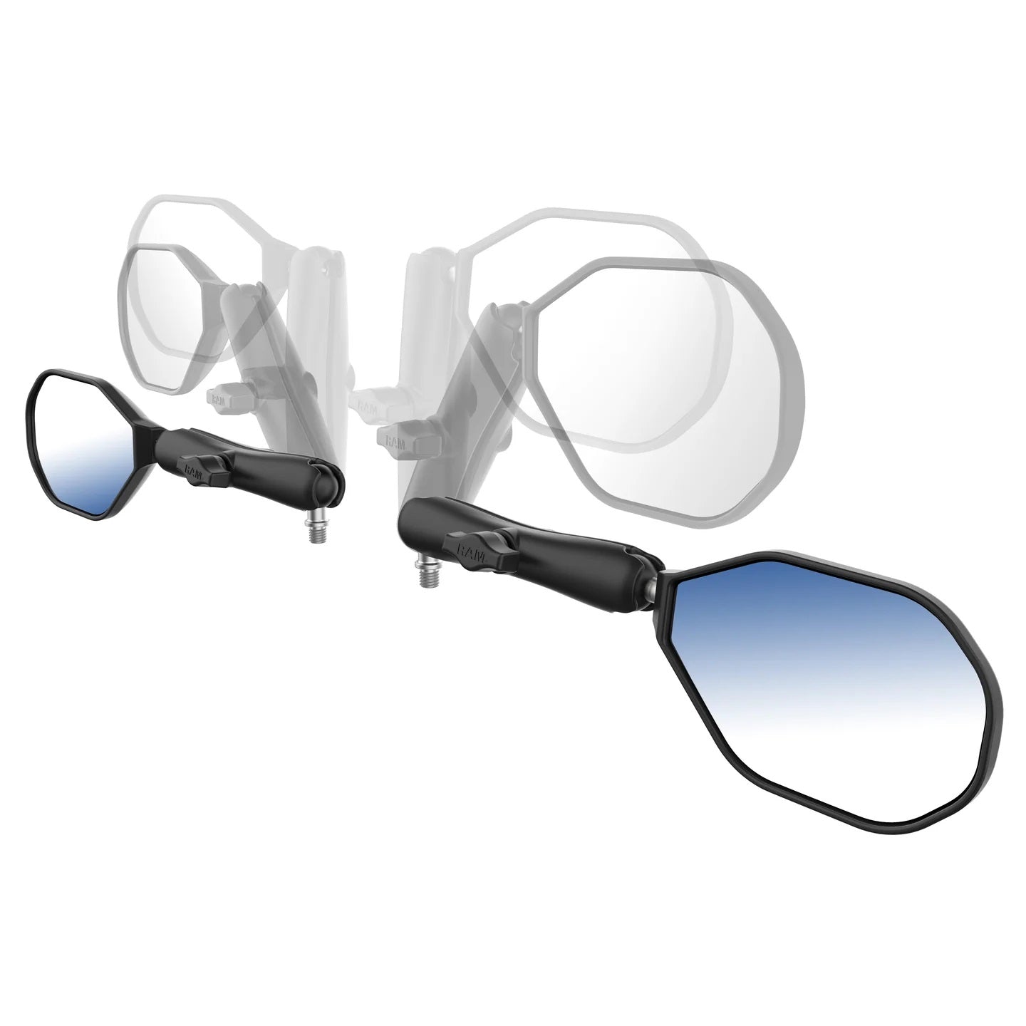 RAM-B-349-M1015-C-465RL RAM® Tough-Mirror™ Kit with M10-1.25 Bases + M10-1.5 Adapters - Long Arms - adjustability