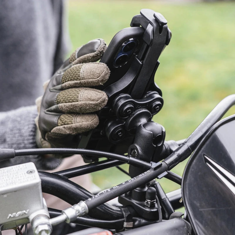 RAM-HOL-PD5BVU RAM® Quick-Grip™ Pro Phone Holder with Ball & Vibration Damper from rear on motorcycle