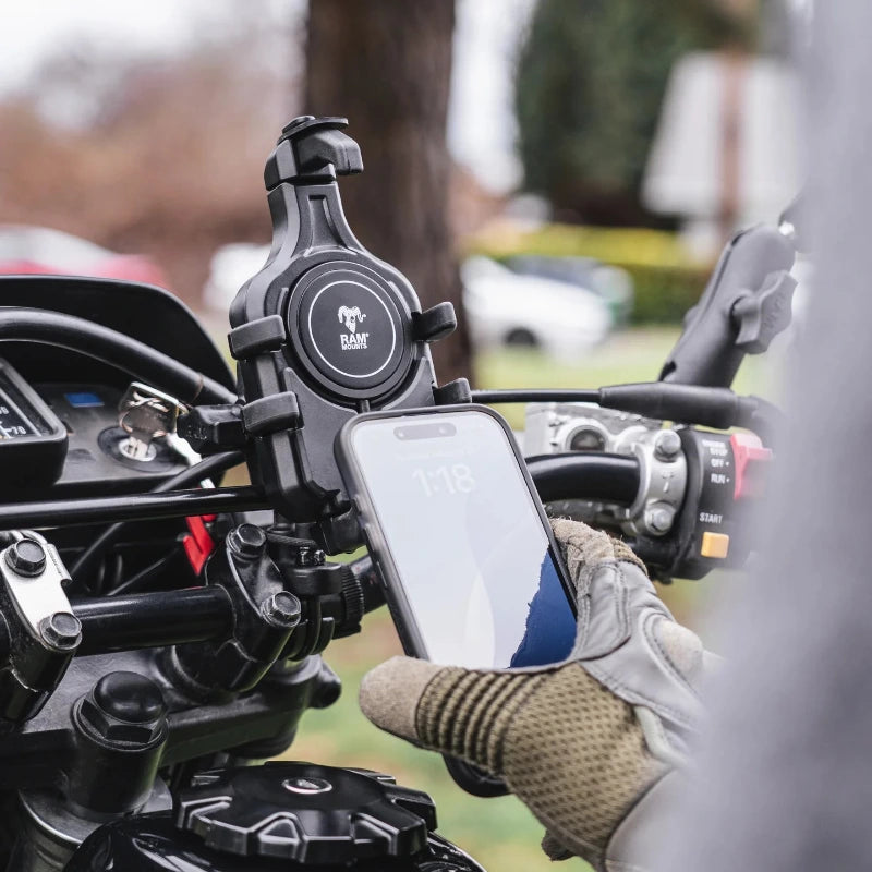 RAM-HOL-PD5U RAM® Quick-Grip™ Pro Phone Holder on motorcycle