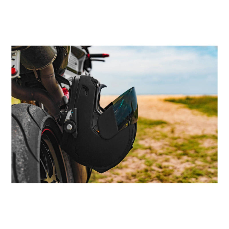 Sena 20S Evo Bluetooth Comm System with HD Speaker showed installed on helmet