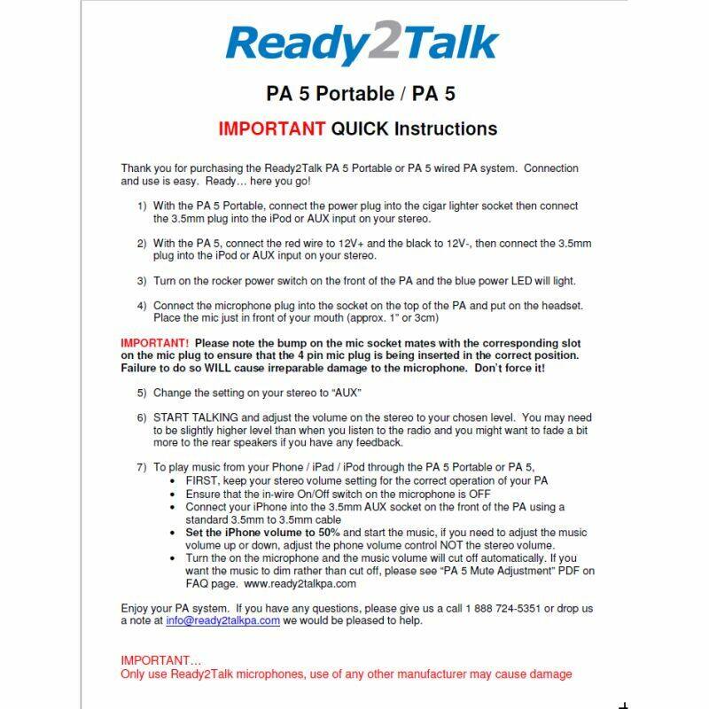 Ready2Talk PA5 Portable PA system quick instructions
