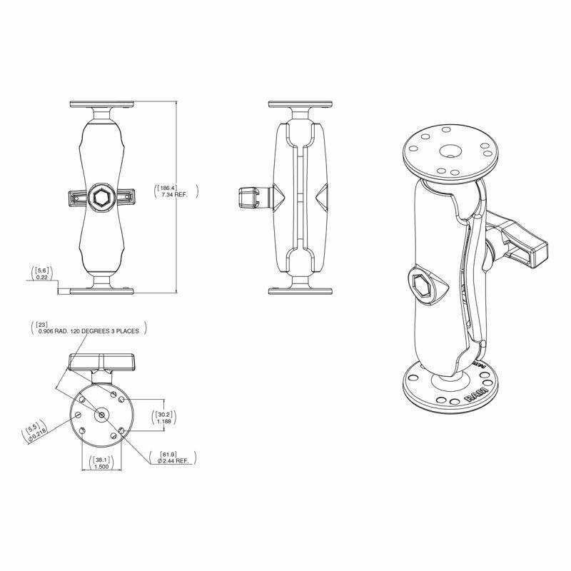 RAM-101-G2U RAM® Double Ball Mount with Garmin Fishfinder Hardware dimensions