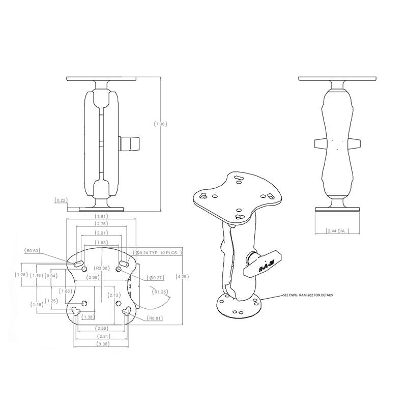 RAM-107U RAM® Fishfinder Mount for Humminbird Devices - drawing file and dimensions