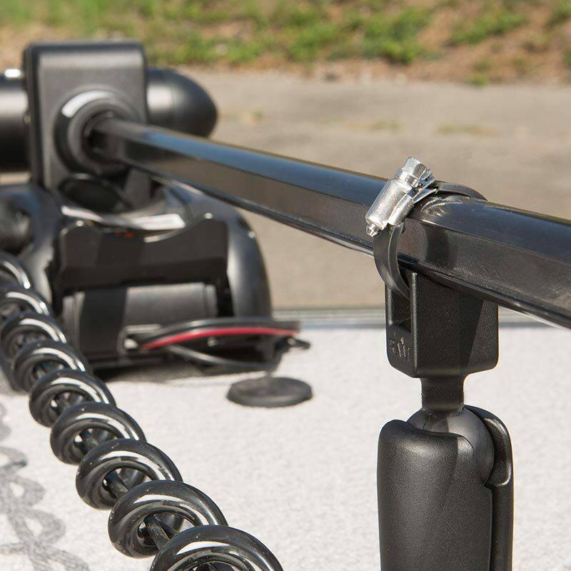 RAM-108-BU RAM® Trolling Motor Stabilizer with Strap Hose Clamp - Short Arm installed
