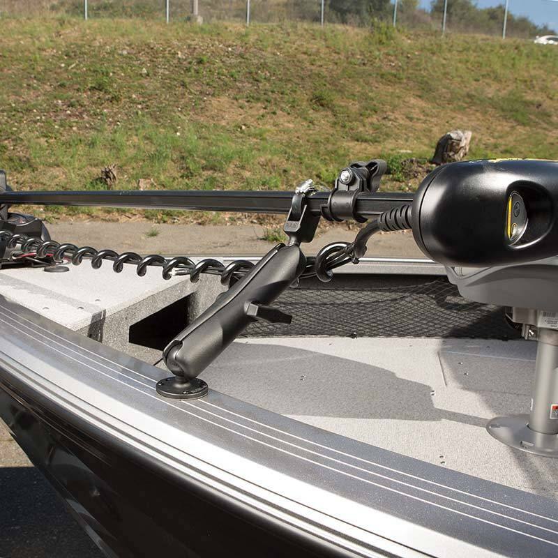 RAM-108-BU RAM® Trolling Motor Stabilizer with Strap Hose Clamp - Short Arm installed