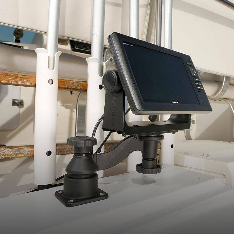 RAM-109HU RAM® Horizontal 6" Swing Arm Mount for Fishfinders & Plotters installed on boat with Garmin device