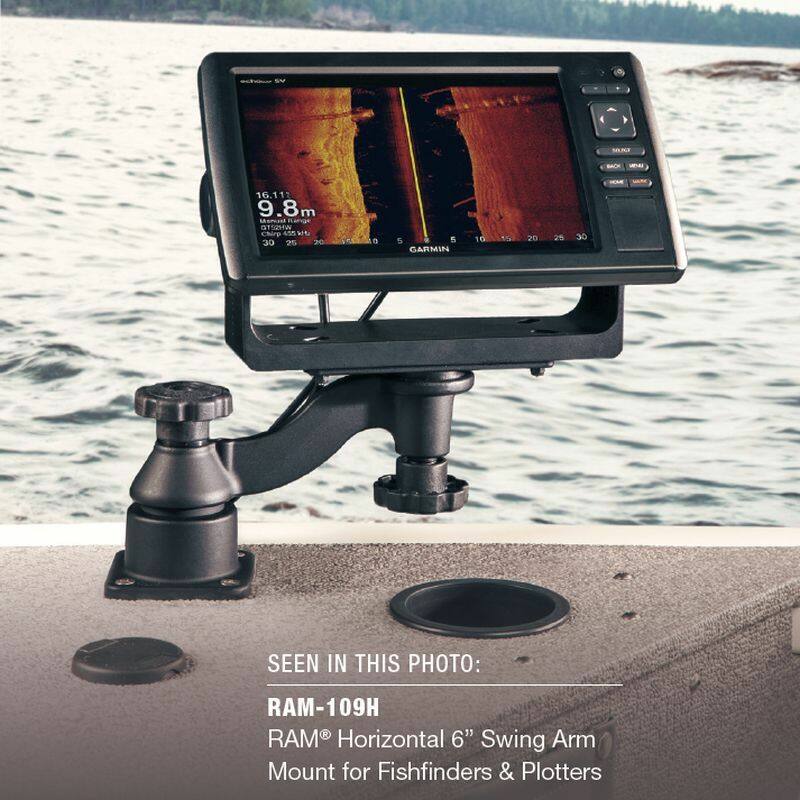 RAM-109HU RAM® Horizontal 6" Swing Arm Mount for Fishfinders & Plotters with Garmin on boat
