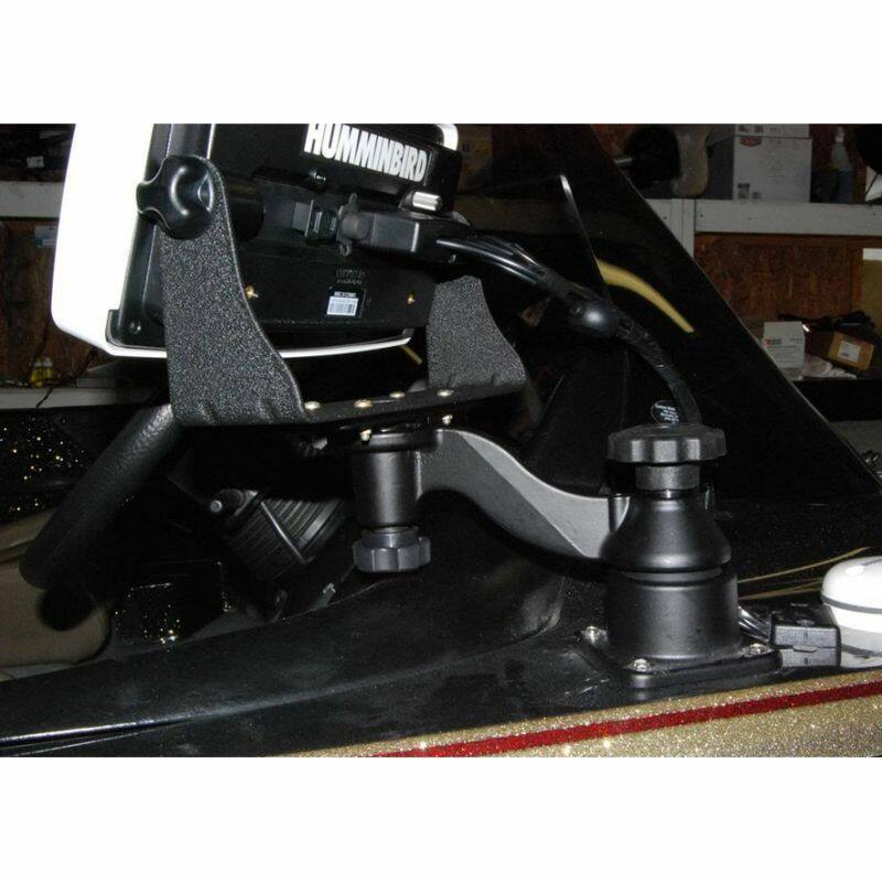 RAM-109HU RAM® Horizontal 6" Swing Arm Mount for Fishfinders & Plotters with Hiumminbird installed on small boat