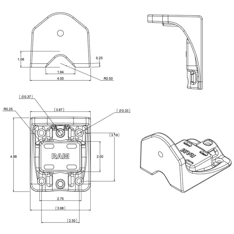 RAM-109V-BU RAM® Vertical Swing Arm Base dimensions and hole patterns