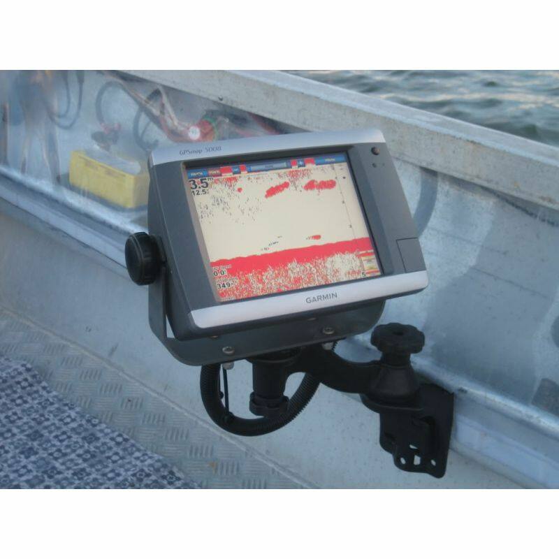 RAM-109VU RAM® Vertical 6" Swing Arm Mount on boat with Garmin chartplotter