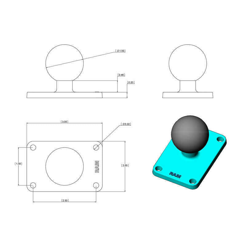 RAM-202U-23 RAM® Ball Base with 1.5" x 2.5" 4-Hole Pattern - C Size dimensions