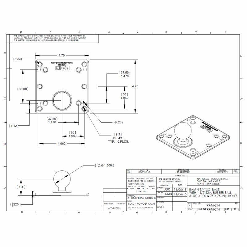RAM-246U RAM® 100x100mm VESA Plate drawing file and hole patterns