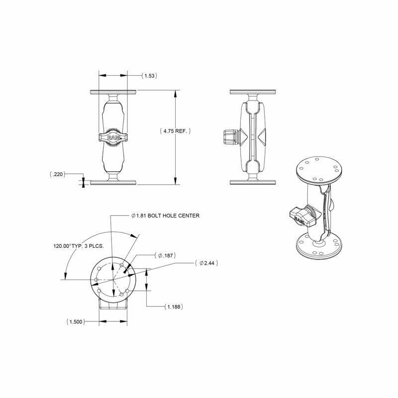 ram-b-101u arm with two round base plate dimenisons
