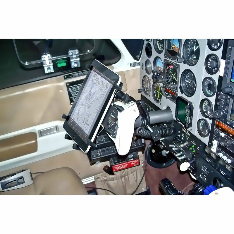 RAM-B-121-UN9U Yoke Clamp Mount with Universal RAM® X-Grip® Cradle for 10" Large Tablets installed in cockpit