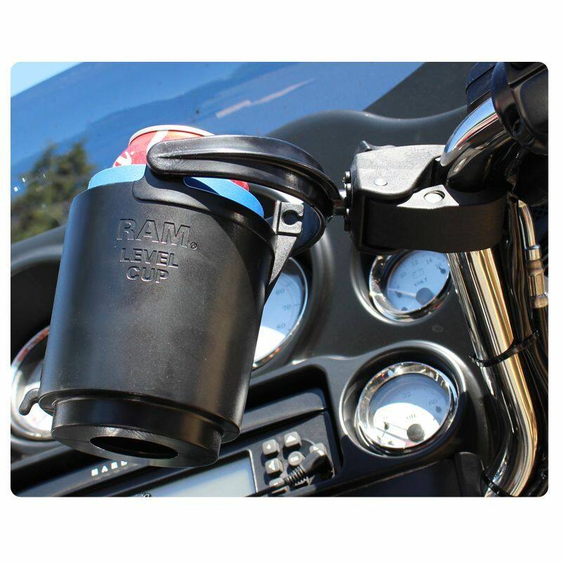 RAM-B-132-400U RAM® Level Cup™ 16oz Drink Holder with RAM® Tough-Claw™ Mount on motorcycle