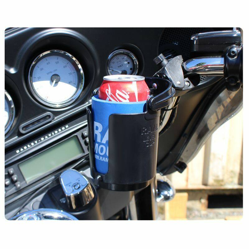 RAM-B-132-400U RAM® Level Cup™ 16oz Drink Holder with RAM® Tough-Claw™ Mount on motorbike
