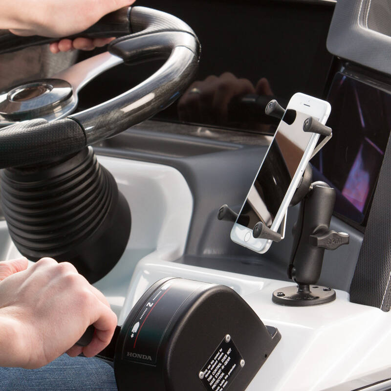 RAM-B-138-UN7-225BU RAM® X-Grip® Phone Mount with Drill-Down Base & Backer Plate installed on boat