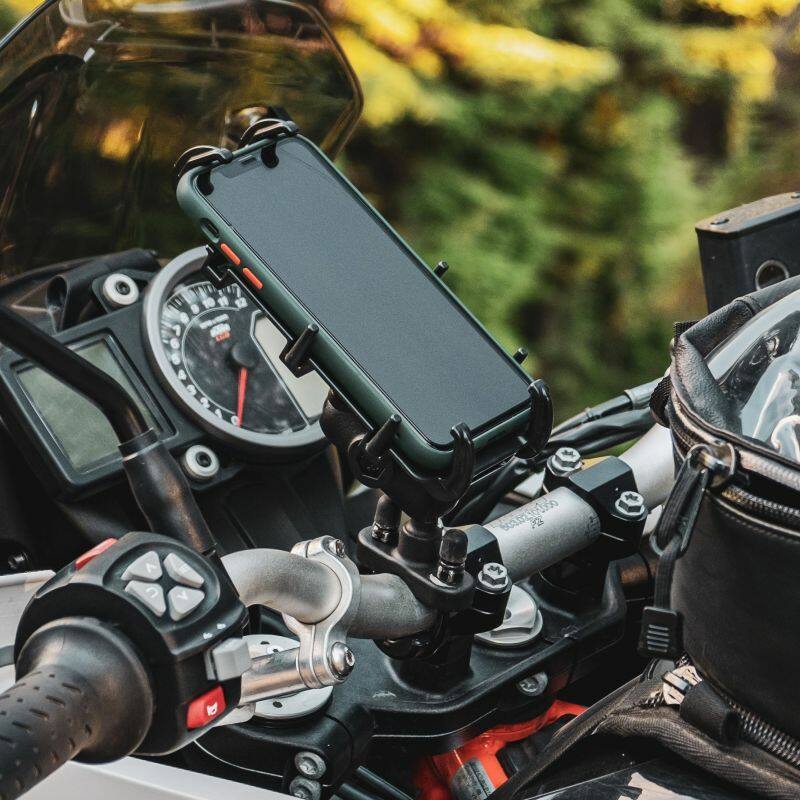 RAM-B-149Z-A-PD3U Handlebar U-Bolt Mount with Quick-Grip™ installed on motorbike