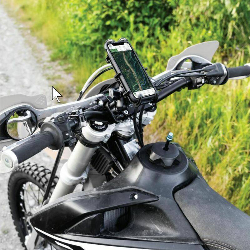 RAM-B-149Z-A-PD4U Handlebar U-Bolt Mount with Quick-Grip™ Spring Loaded XL Phablet Holder (Short Arm) on motorbike with phone