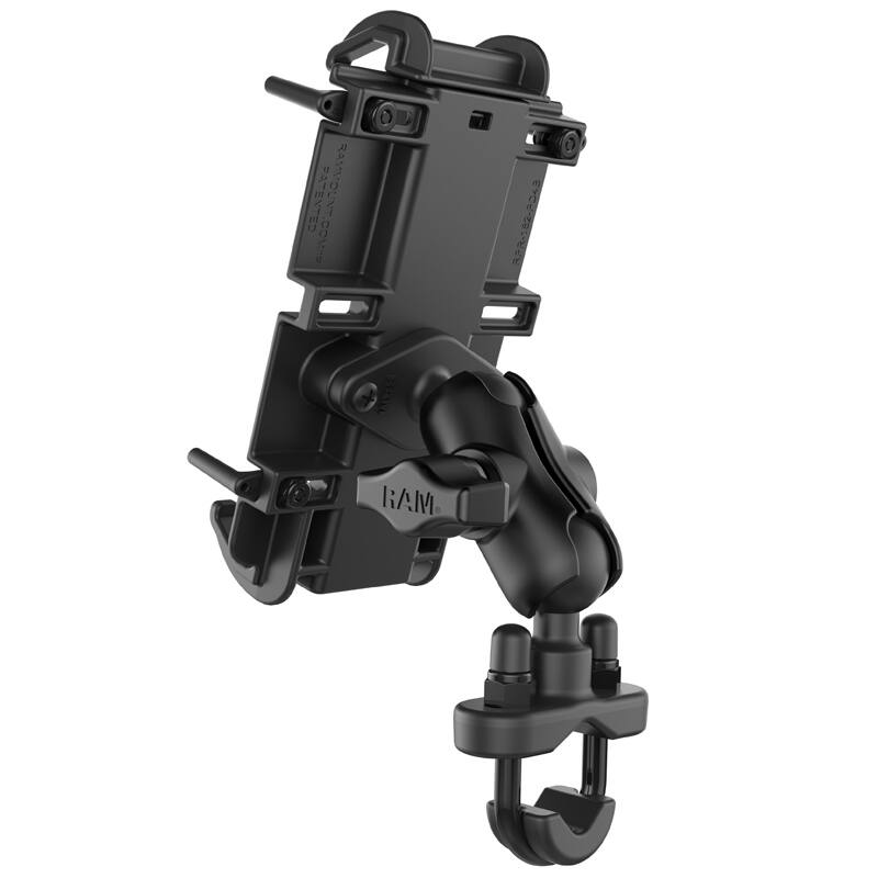 RAM-B-149Z-A-PD4U Handlebar U-Bolt Mount with Quick-Grip™ Spring Loaded XL Phablet Holder (Short Arm) from rear