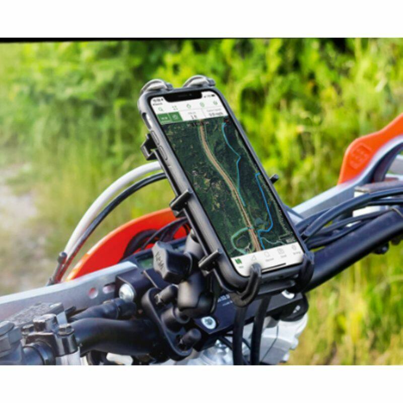 RAM-B-149Z-A-PD4U Handlebar U-Bolt Mount with Quick-Grip™ Spring Loaded XL Phablet Holder (Short Arm) on motorbike
