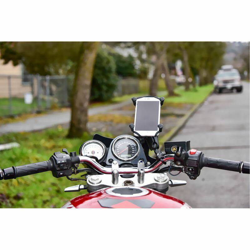 RAM-B-149Z-UN10U RAM® X-Grip® Large Phone Mount with Handlebar U-Bolt Base - Medium Arm - with phone on motorcycle