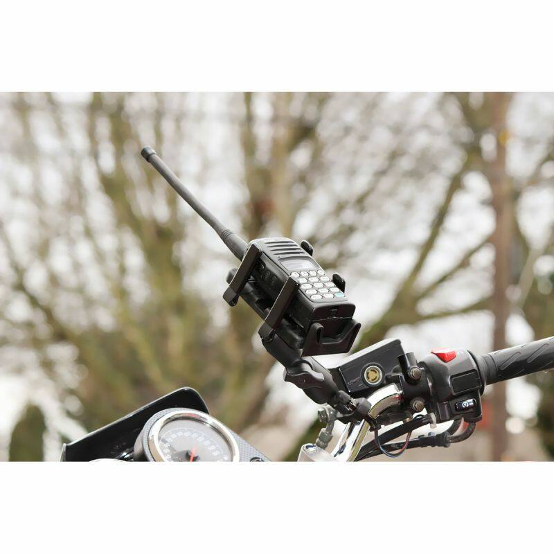 RAM-B-149Z-A-UN4U RAM® Finger-Grip™ Universal Mount with Handlebar U-Bolt Base - short arm - installed on motorbike with radio
