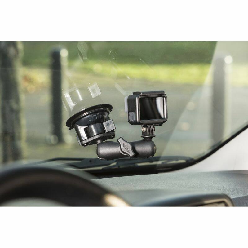 RAP-B-166-GOP1 - RAM® Twist-Lock™ Composite Suction Mount with Action Camera Adapter on car windshield