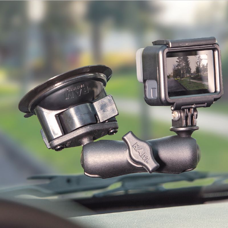 RAM-B-166-GOP1U RAM® Twist-Lock™ Suction Cup Mount with Action Camera Adapter - Medium Arm on car windshield