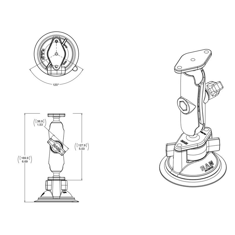 RAM-B-166U RAM® Twist-Lock™ Suction Cup Double Ball Mount - Medium Arm - dimensions