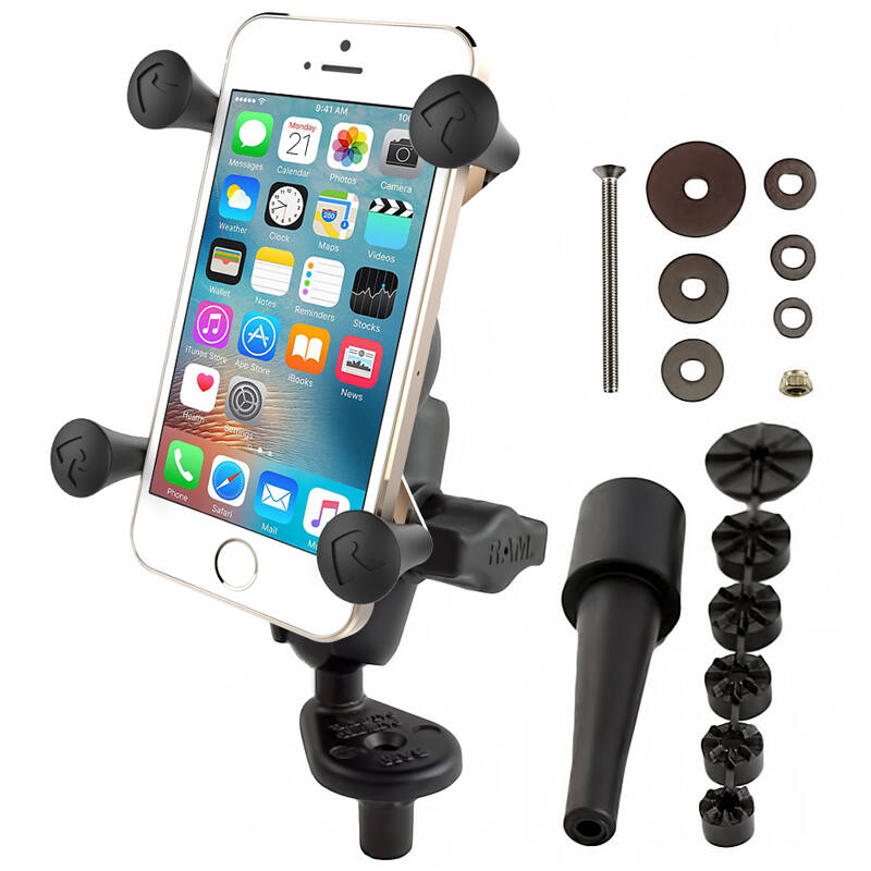 RAM-B-176-A-UN7U RAM® X-Grip® Phone Holder with Motorcycle Fork Stem Base showing all components