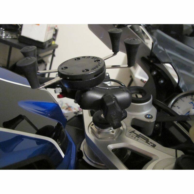 RAM-B-176-A-UN7U RAM® X-Grip® Phone Holder with Motorcycle Fork Stem Base installed on bike - no phone