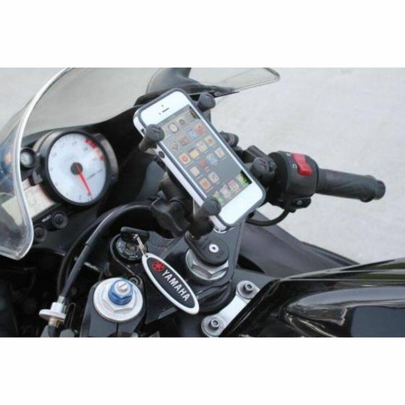 RAM-B-176-A-UN7U RAM® X-Grip® Phone Holder with Motorcycle Fork Stem Base installed on Yamaha with phone