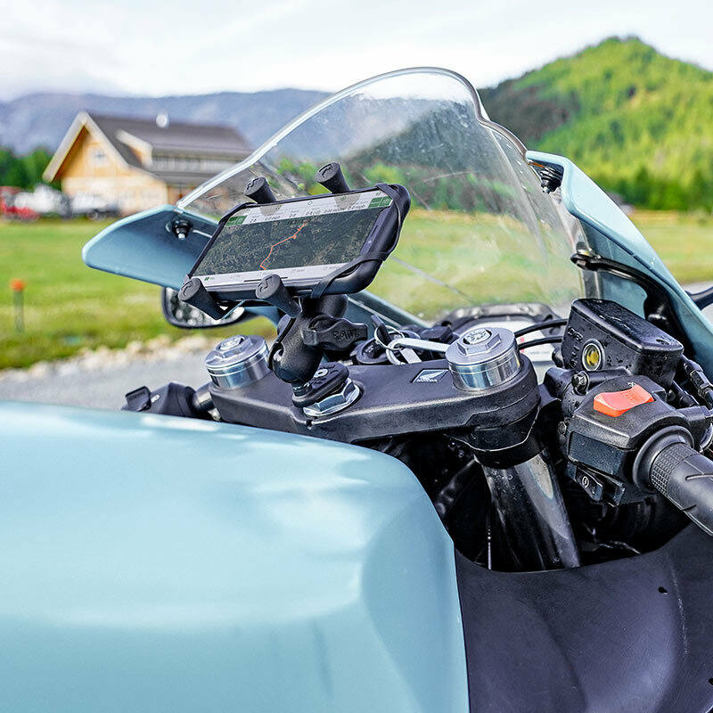 RAM-B-176-A-UN7U RAM® X-Grip® Phone Holder with Motorcycle Fork Stem Base installed on Honda with Phone