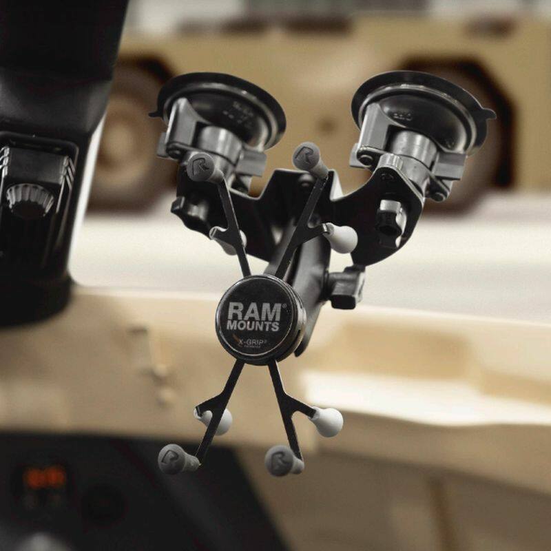 RAM-B-189-PIV1-UN8U RAM Pivot Double Suction cup base with X-Grip for 7-8" Tablets installed on windshield with no tablet
