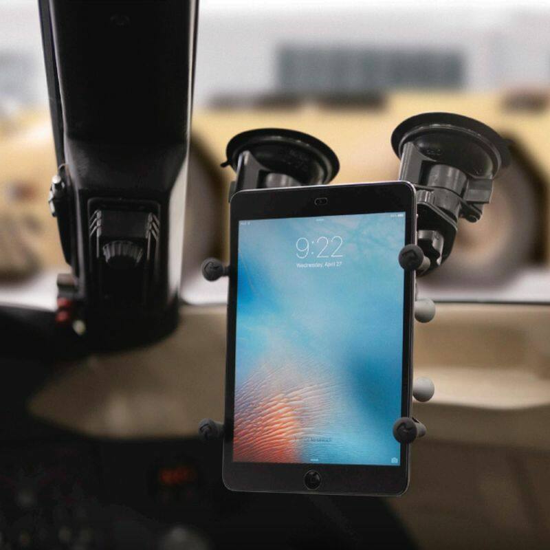 RAM-B-189-PIV1-UN8U RAM Pivot Double Suction cup base with X-Grip for 7-8" Tablets installed on windshield with tablet