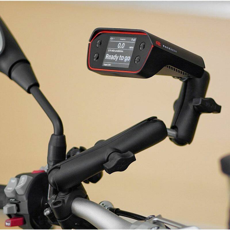 RAM-B-201-201U-C RAM® Double Socket Arm with Dual Extension and Ball Adaptor installed on motorcycle