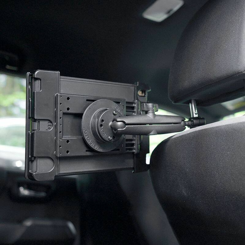 RAM-B-202U on back of RAM Tab-Tite cradle - with arm and small torque base for vehicle headrest rail mounting
