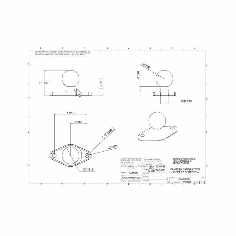 RAM-B-238U Diamond Base dimensions and hole pattern