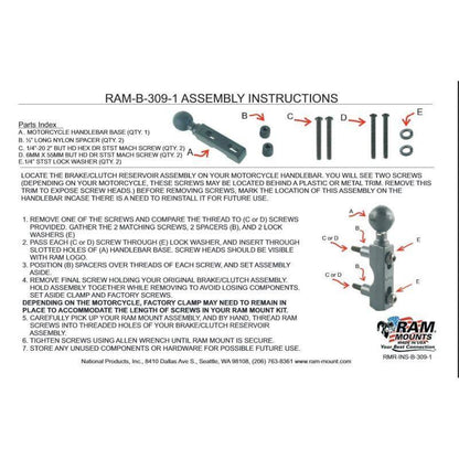 RAM Motorcycle Brake/Clutch Clamp Base with Twin 1" Ball Bases