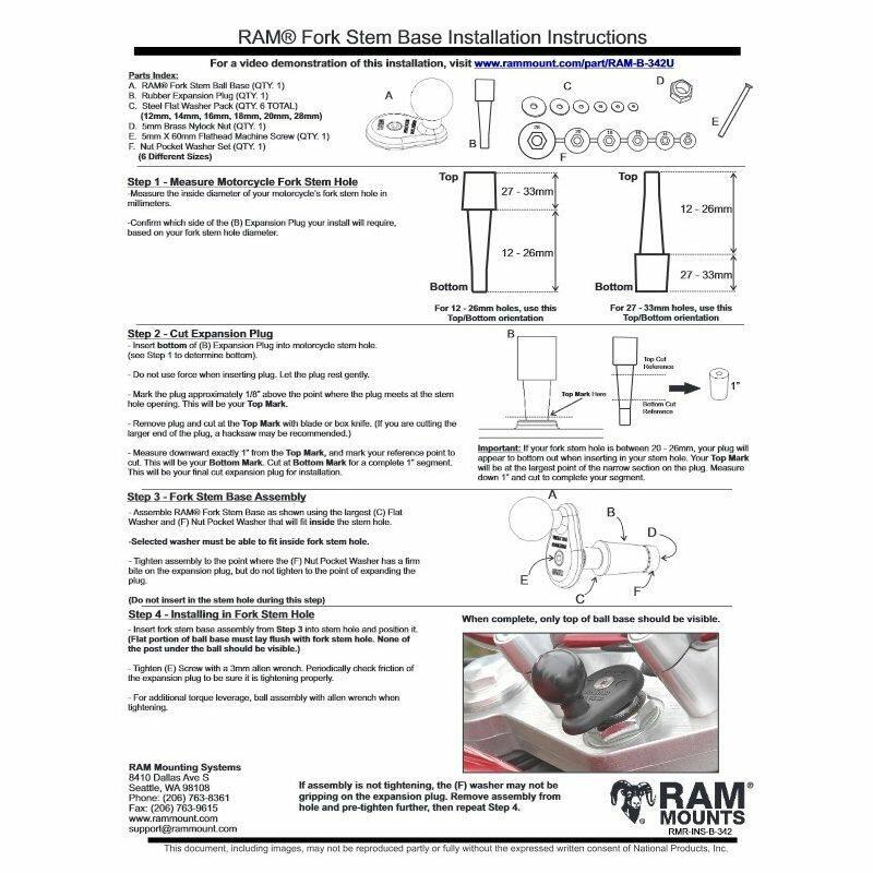 RAM-B-342U RAM® Motorcycle Fork Stem Ball Base installation guide