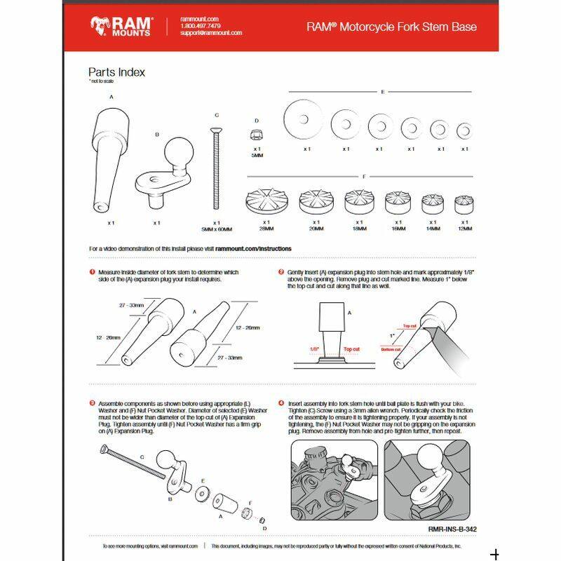 RAM-B-342U RAM® Motorcycle Fork Stem Ball Base installation instructions