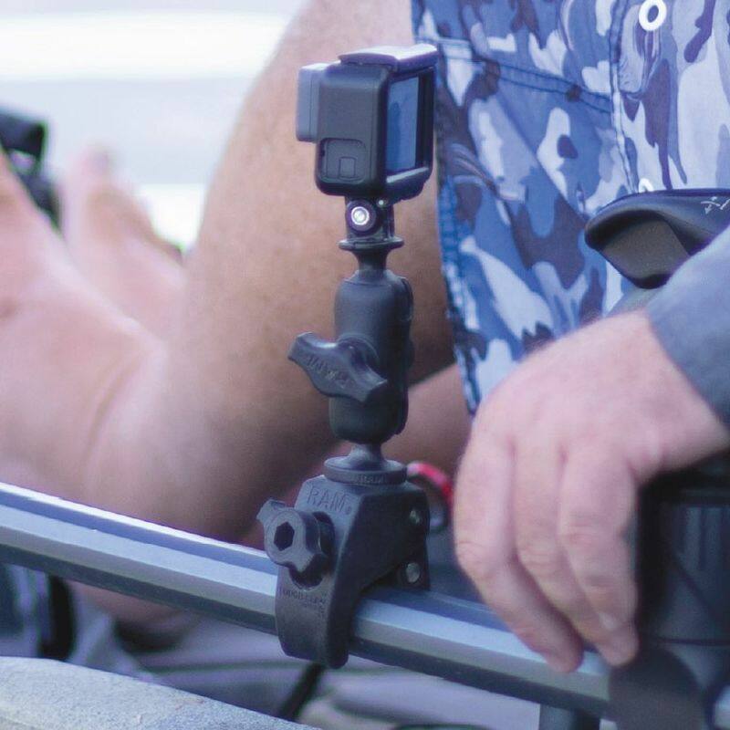 RAM-B-400-A-GOP1U RAM® Tough-Claw™ Clamp Mount with Action Camera Adapter on kayak rail