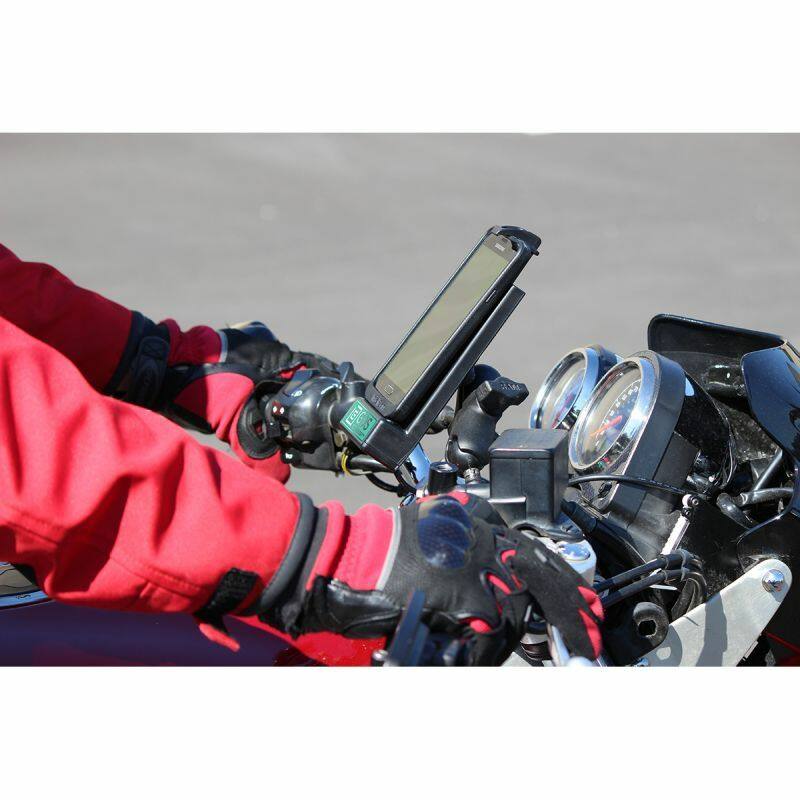RAM-B-400-GDS-DOCK-V1U GDS® Powered Phone Dock with RAM® Tough-Claw™ Small Clamp Mount on bike