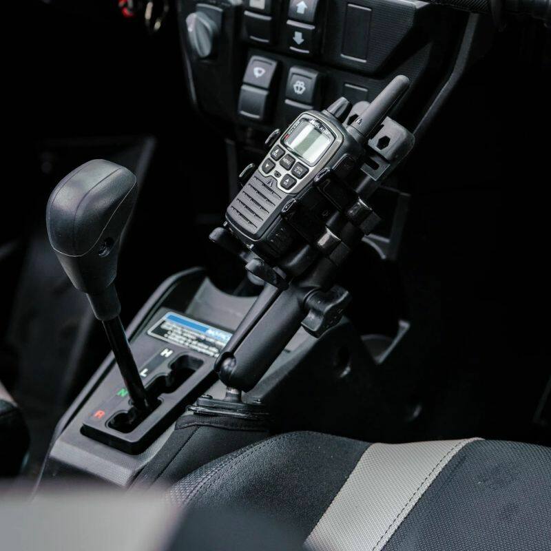RAM-B-407-UN4U RAM® Finger-Grip™ Universal Mount with RAM® Tough-Wedge™ Base installed with radio